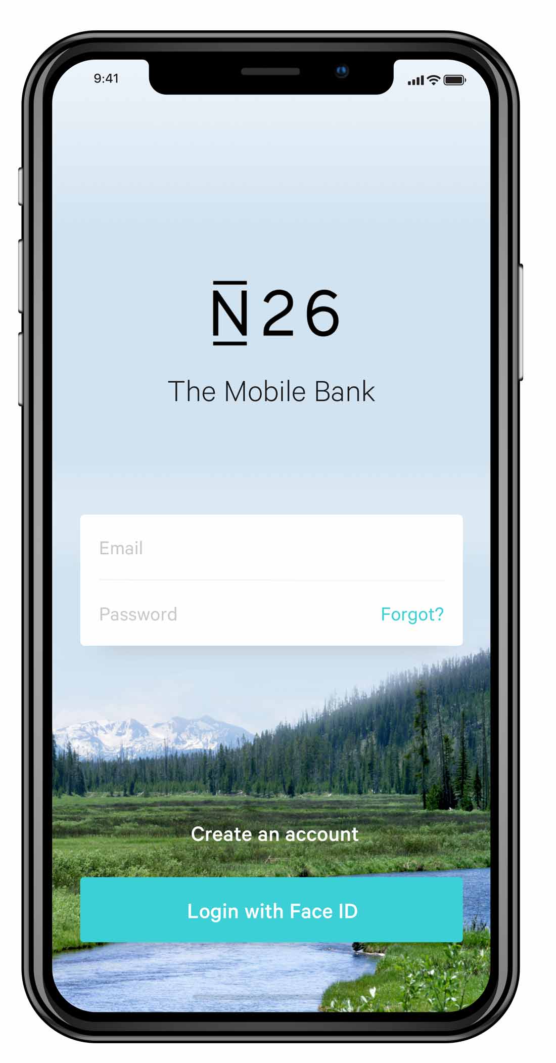 Die Banking-App N26 auf einem Smartphone mit Anweisungen in Englisch.